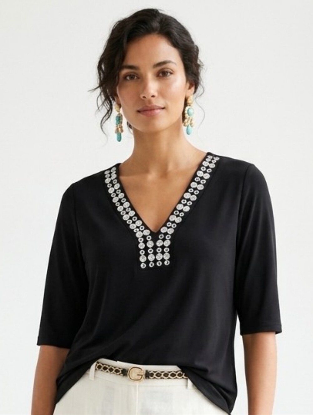 Ruby Rd. Pullover Vneck Top Button Trim Black Large